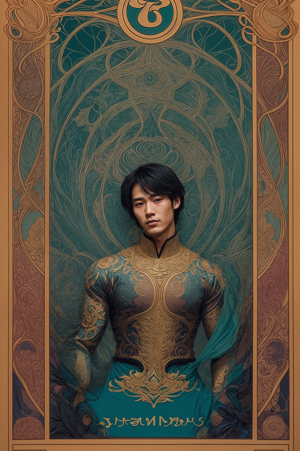 illustration of man as Mythical Tarot Cardin the style of moebius and mohrbacher and rossdraws and ross tran and alphonse mucha and ayami kojima, pixar style, maya engine, splash comics style, tarot card style, art nouveau, rich bright colours