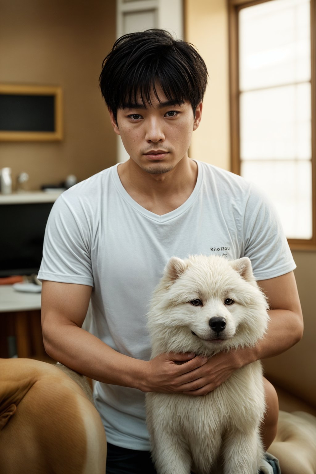 man in a Dog Cafe with many cute Samoyed and Golden Retriever dogs