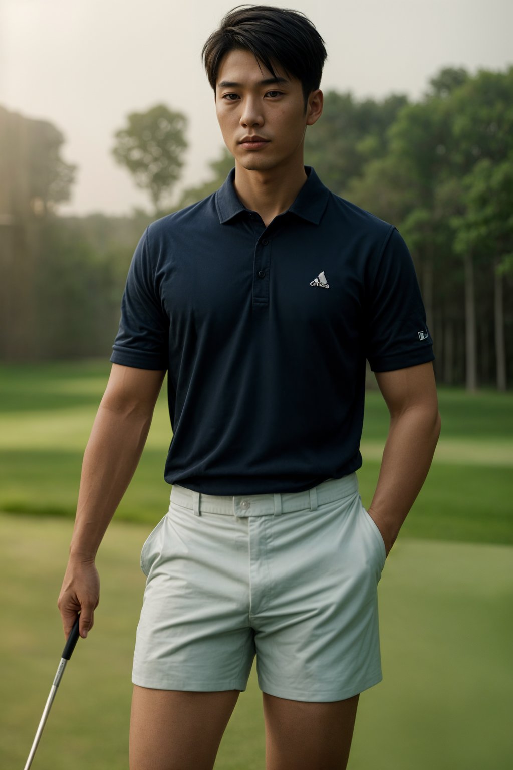 man as a Golfer on the Golf Course holding Golf Club wearing golf shorts or golf skirt, a collared shirt, golf pants