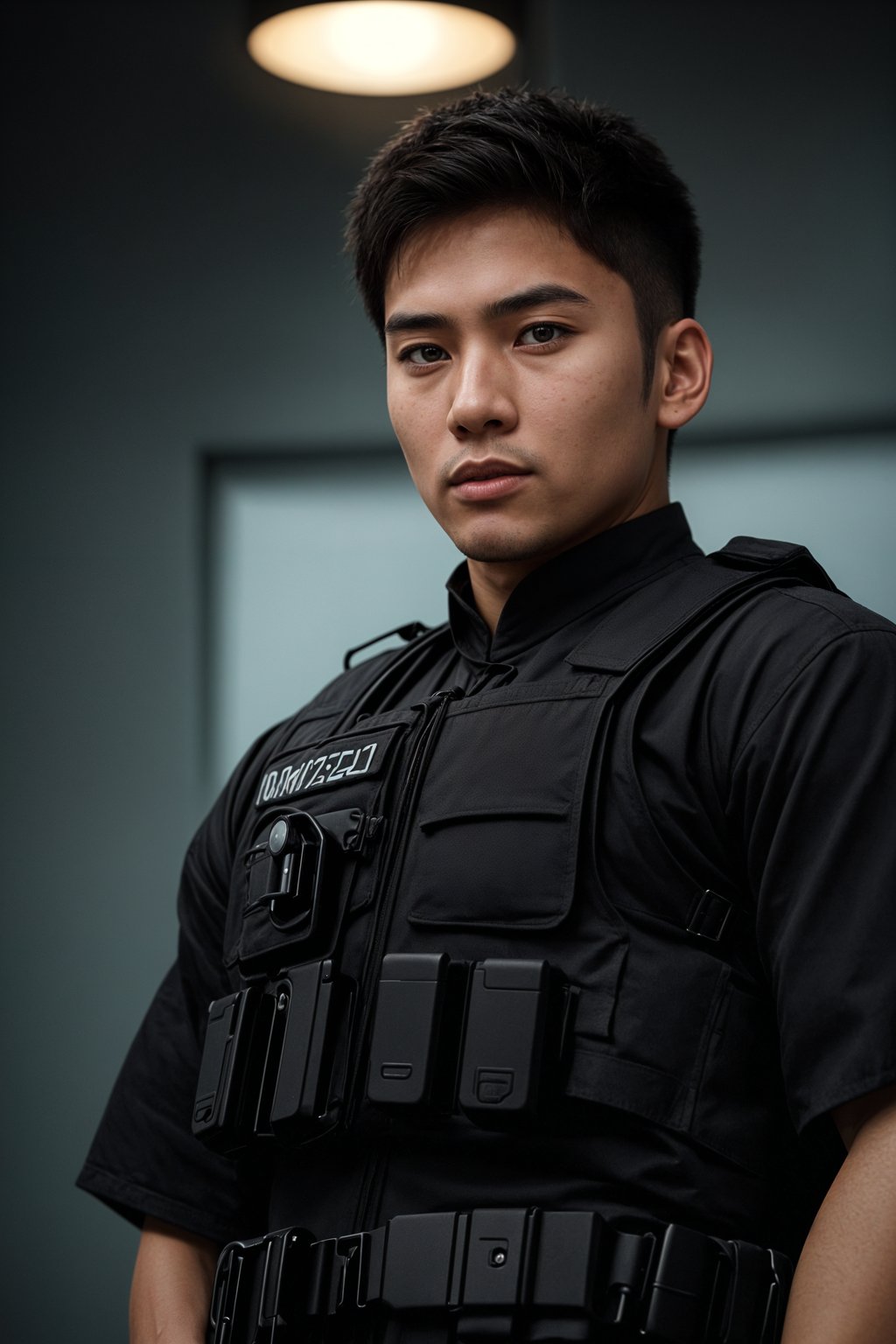 man as a SWAT Officer. wearing black swat vest, swat helmet, holding pdw