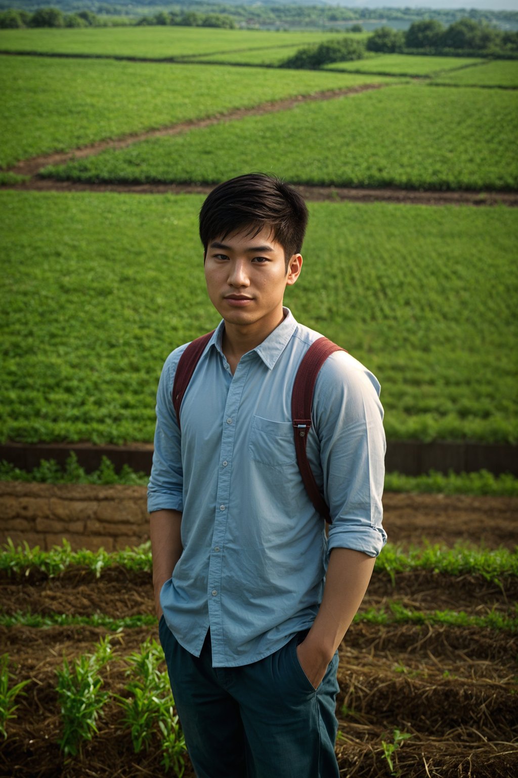 smiling man farmer with farm in background