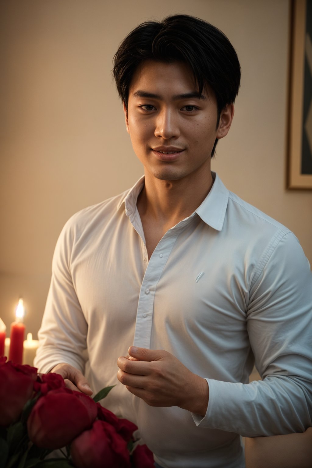 smiling man celebrating Valentine's Day with romantic dinner