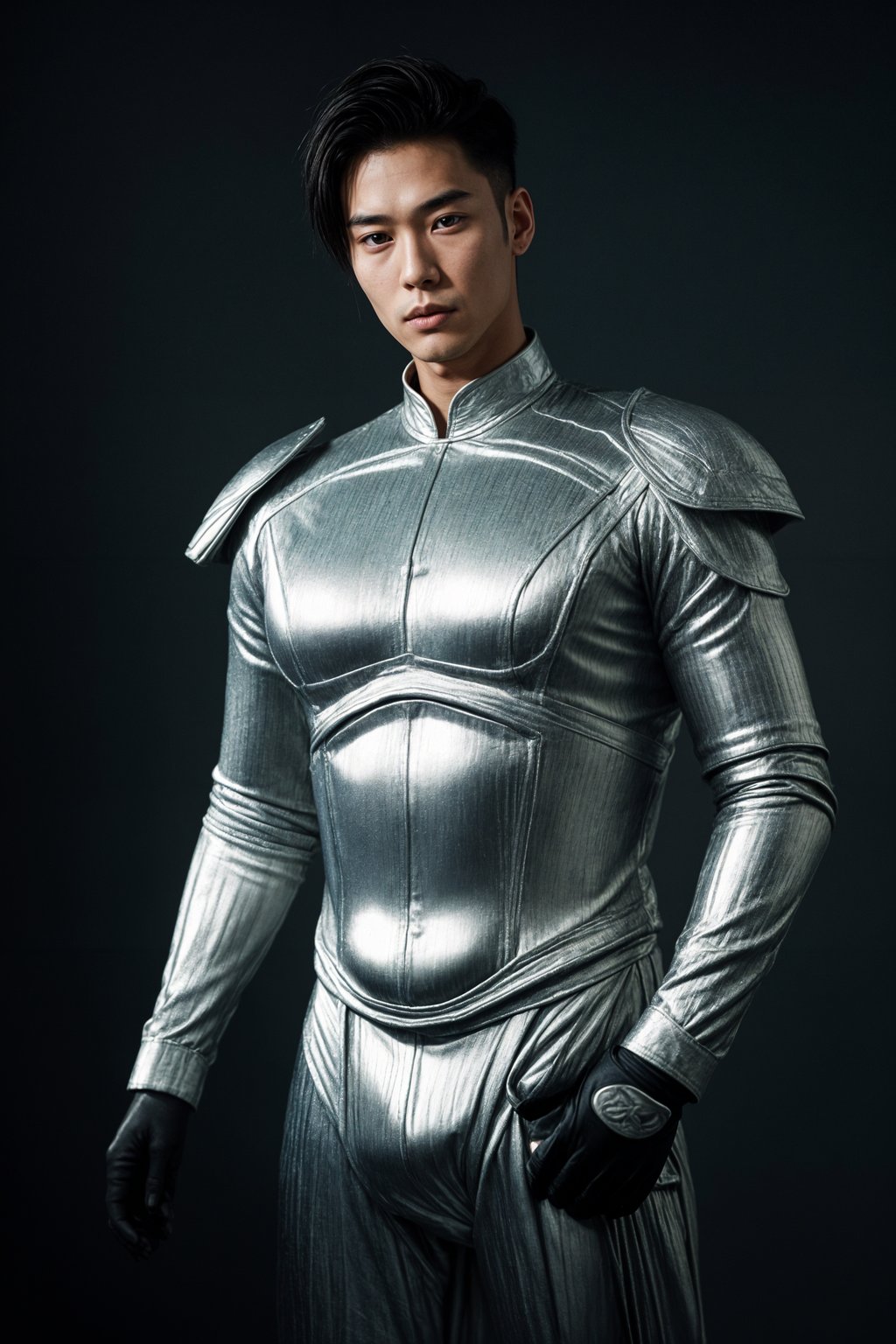 man in silver metallic style, wearing shiny metallic fashion