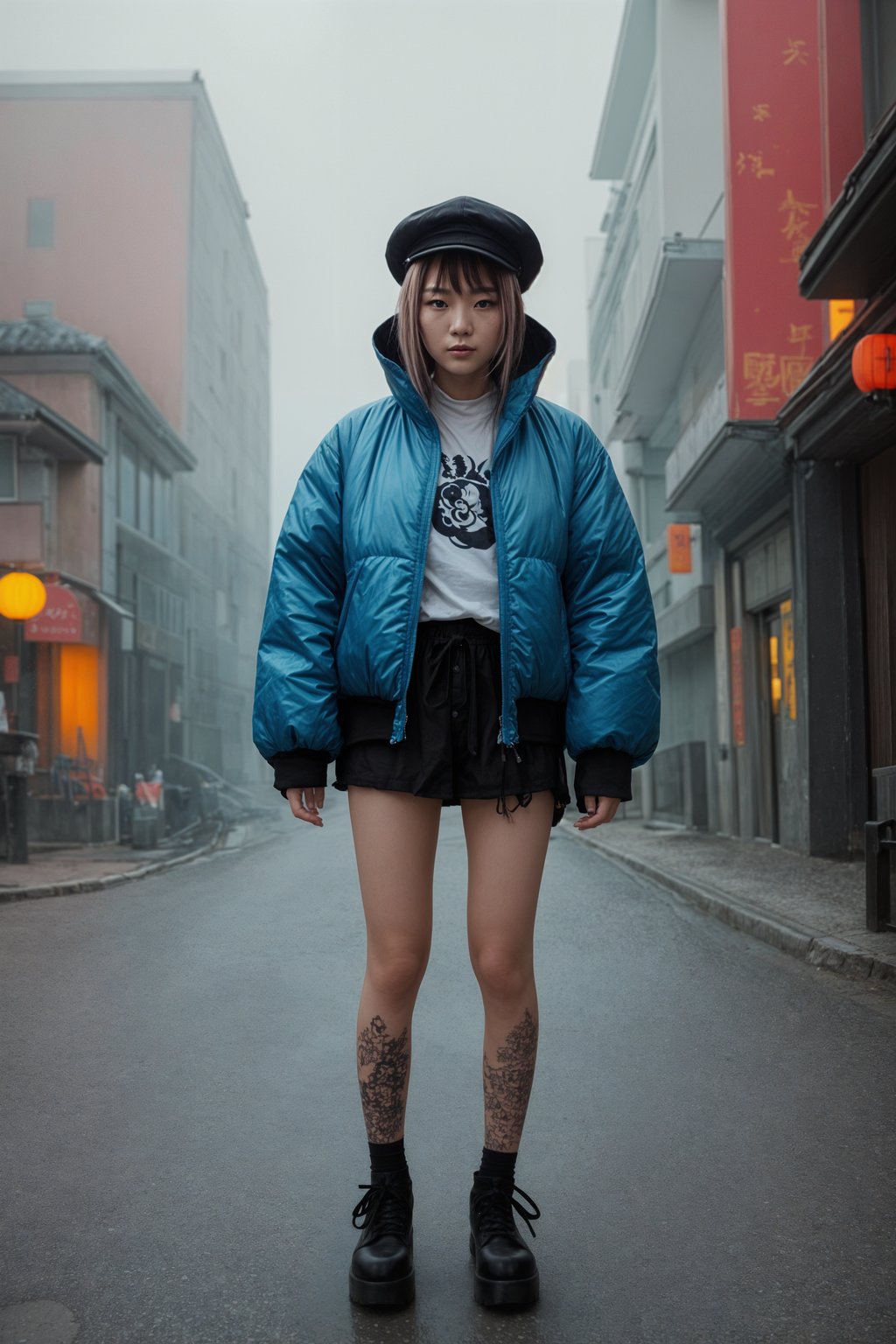 full body of a street punk woman student, blue eyes, bubble jacket, hat, white hair by atey ghailan, by greg rutkowski, by greg tocchini, by james gilleard, by joe fenton, by kaethe butcher, gradient pink, black, brown and light blue color scheme, grunge aesthetic