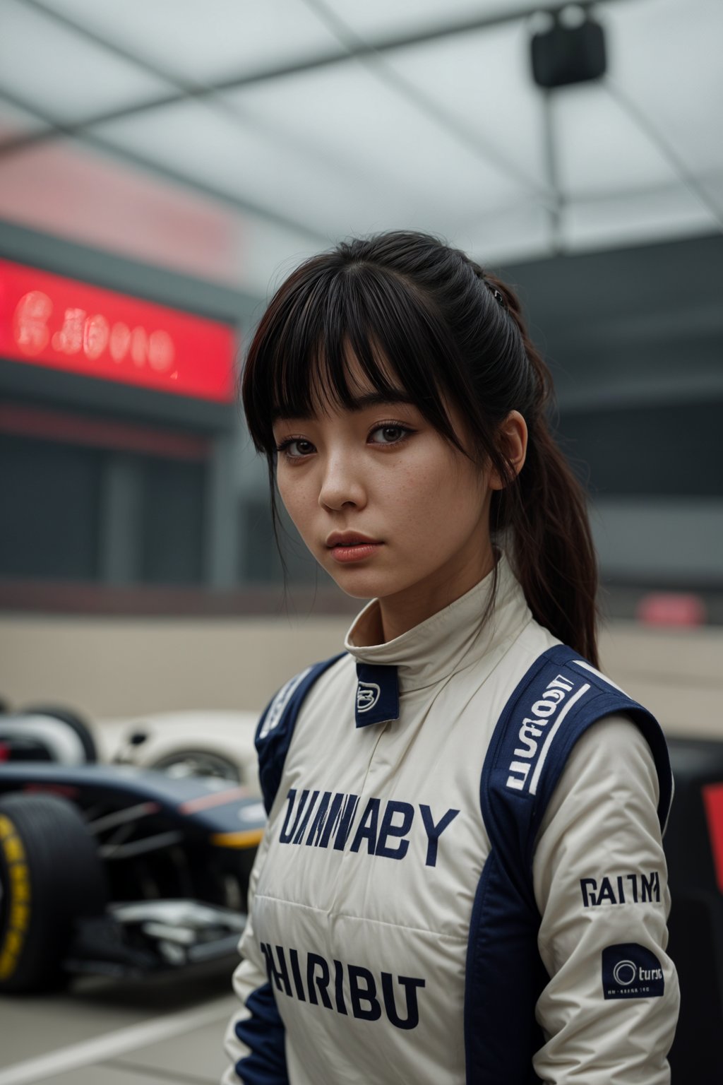 Ultra realistic photograph of woman as Formula 1 race driver