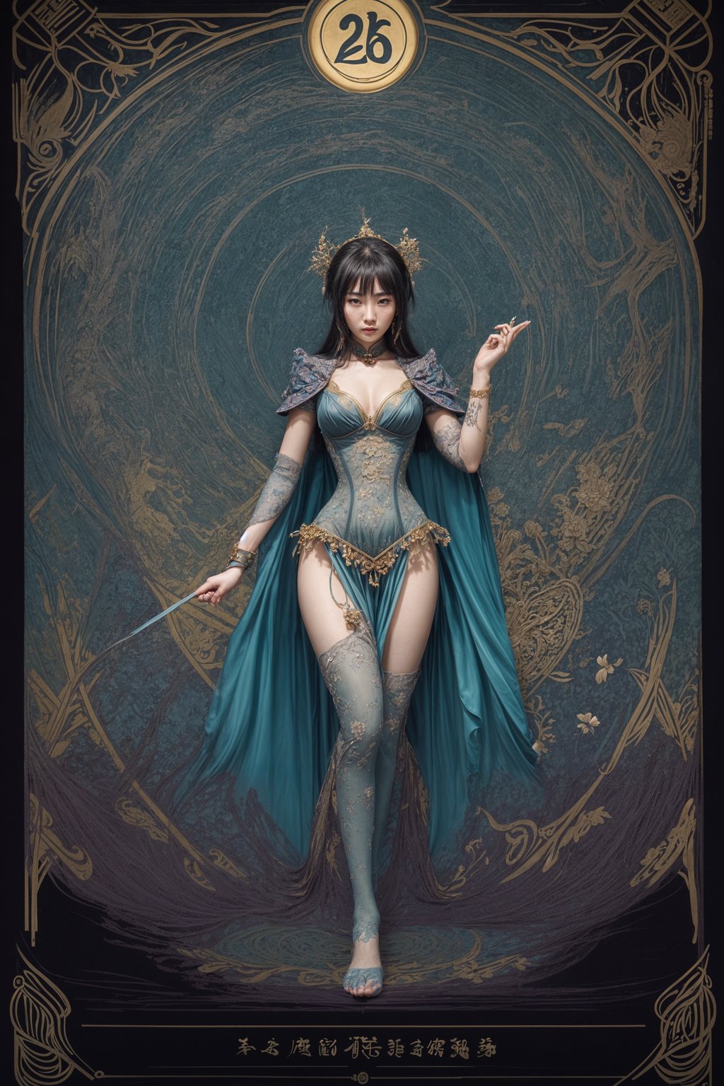 illustration of woman as Mythical Tarot Cardin the style of moebius and mohrbacher and rossdraws and ross tran and alphonse mucha and ayami kojima, pixar style, maya engine, splash comics style, tarot card style, art nouveau, rich bright colours