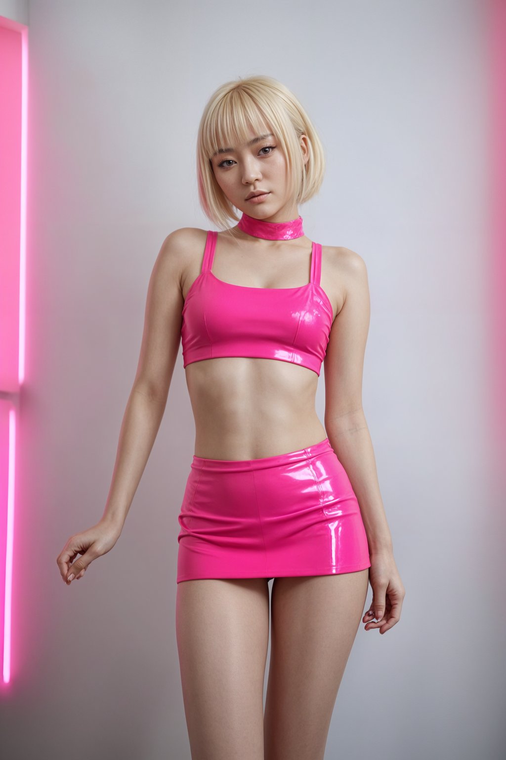 woman  as very sexy Barbiecore style, wearing hot pink shiny latex mini skirt, hot pink shiny latex crop top, hot pink heels, platinum blonde hair