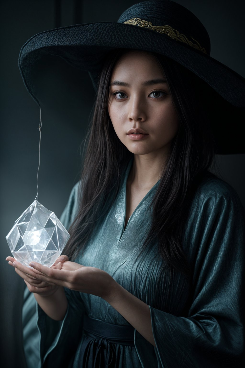 woman as a Wizard with a Wizard robe and big hat, crystal magic, dramatic light