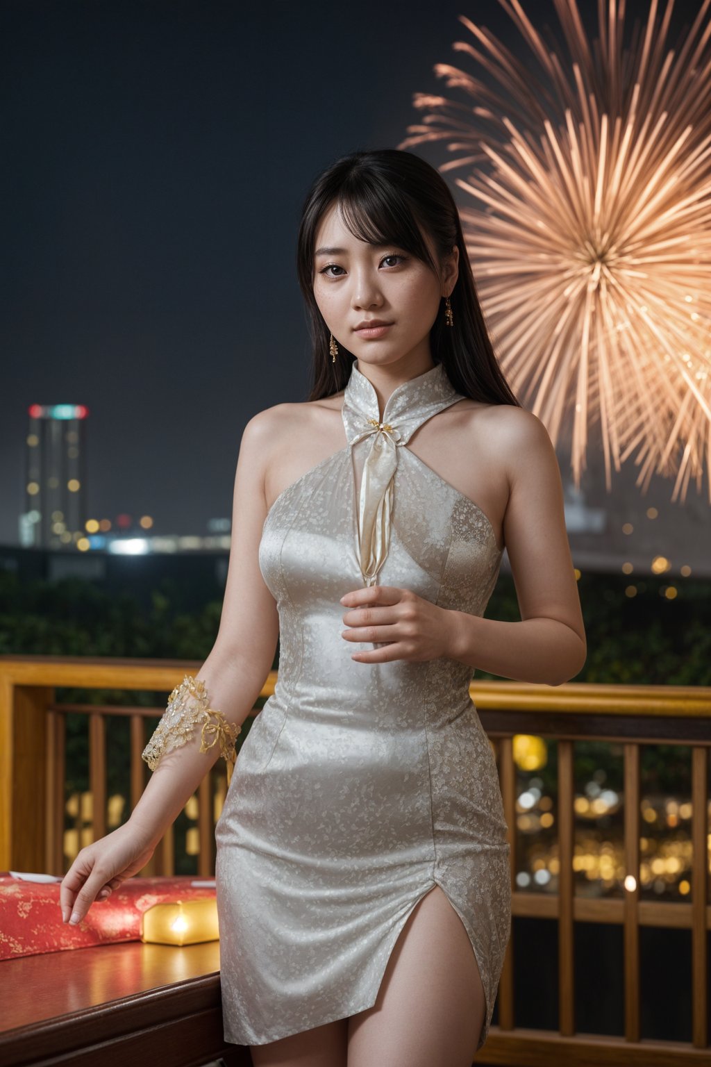 smiling woman celebrating New Year's Eve with champagne and Fireworks in background