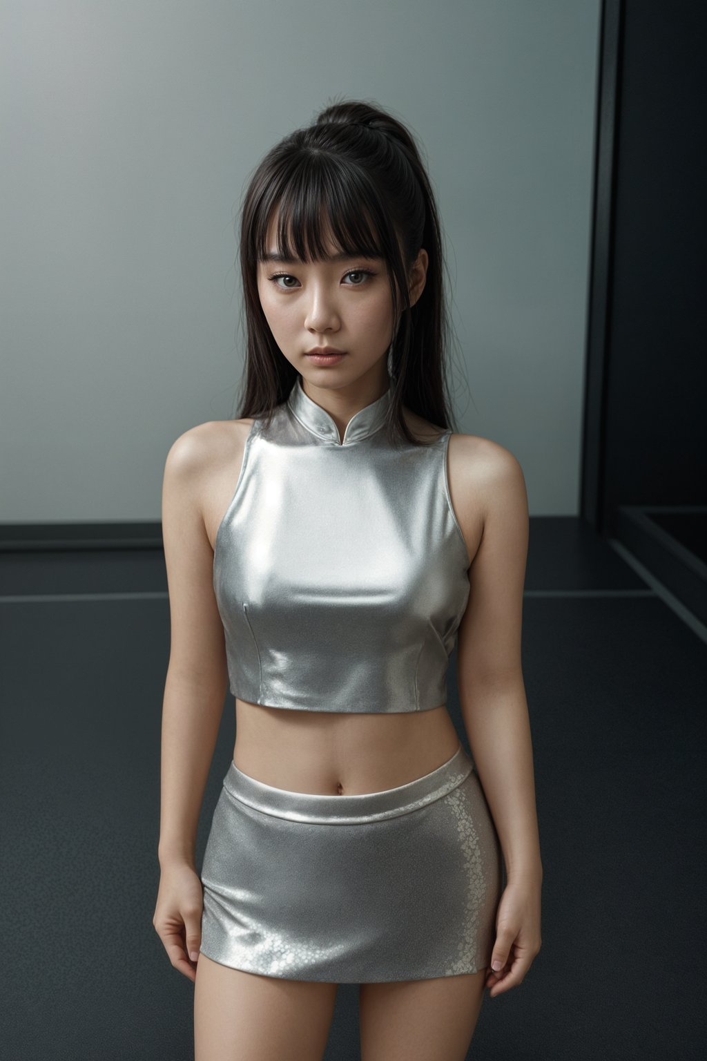 woman in silver metallic style, wearing  metallic shiny mini skirt, metallic shiny crop top, metallic shiny purse, metallic heels