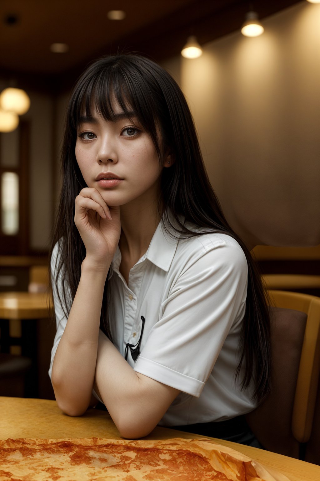 woman sitting in a restaurant eating a large pizza