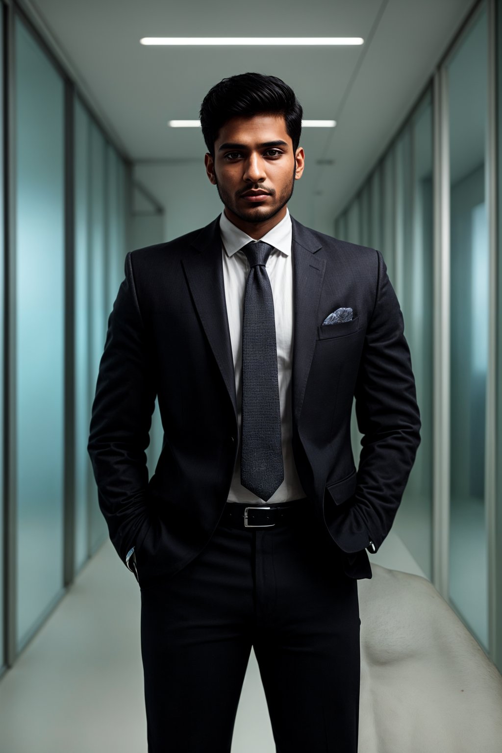 wide LinkedIn profile photo of a professional business man as a confident professional business man standing in a modern office. LinkedIn professional profile photo. most popular person on LinkedIn