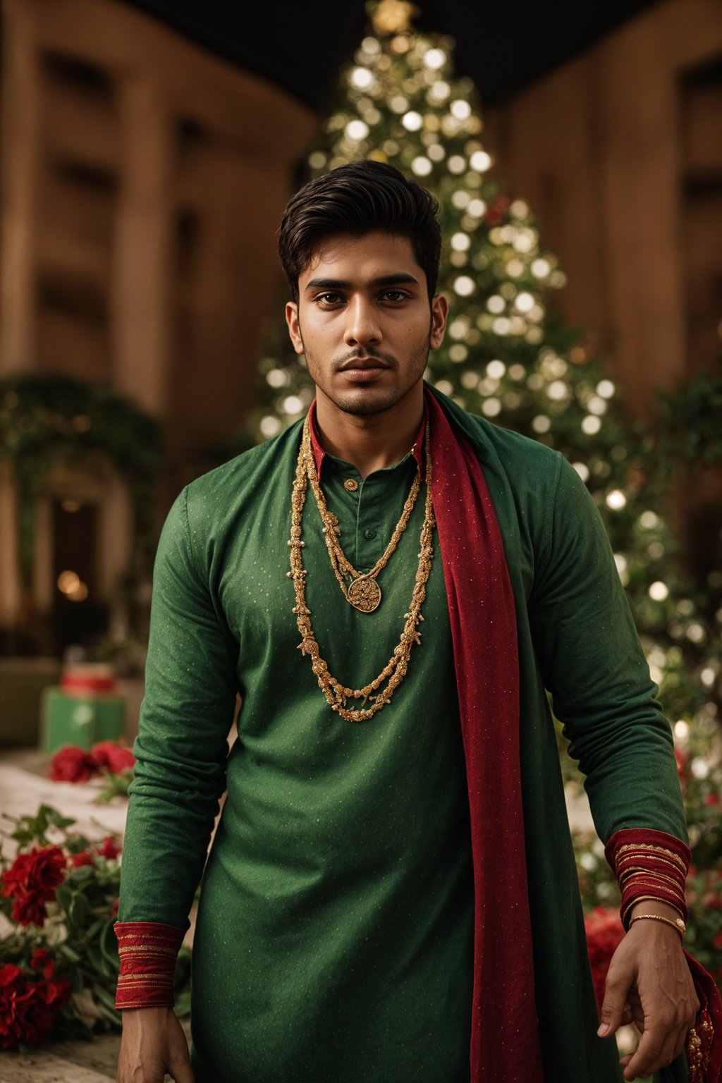 man at Christmas dinner wearing Christmas style clothes. Christmas tree in background. Christmas lights