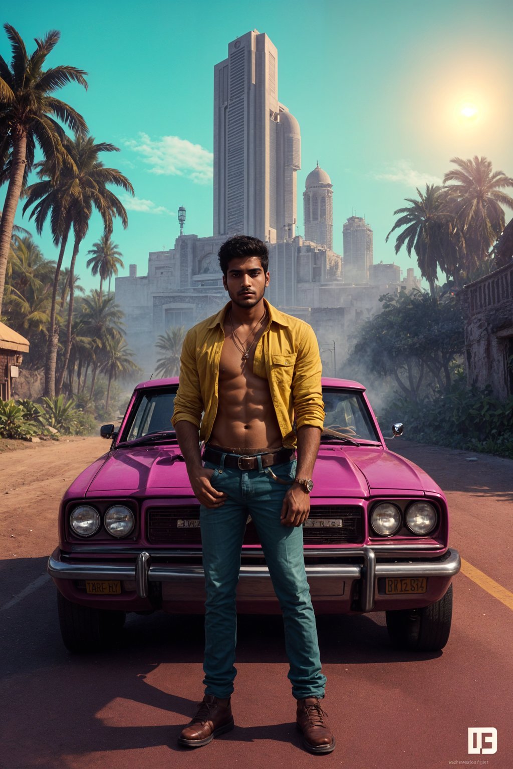 man, gta vice city cover art, borderlands style, celshading, trending on artstation, by rhads, andreas rocha, rossdraws, makoto shinkai, laurie greasley, lois van baarle, ilya kuvshinov and greg rutkowski