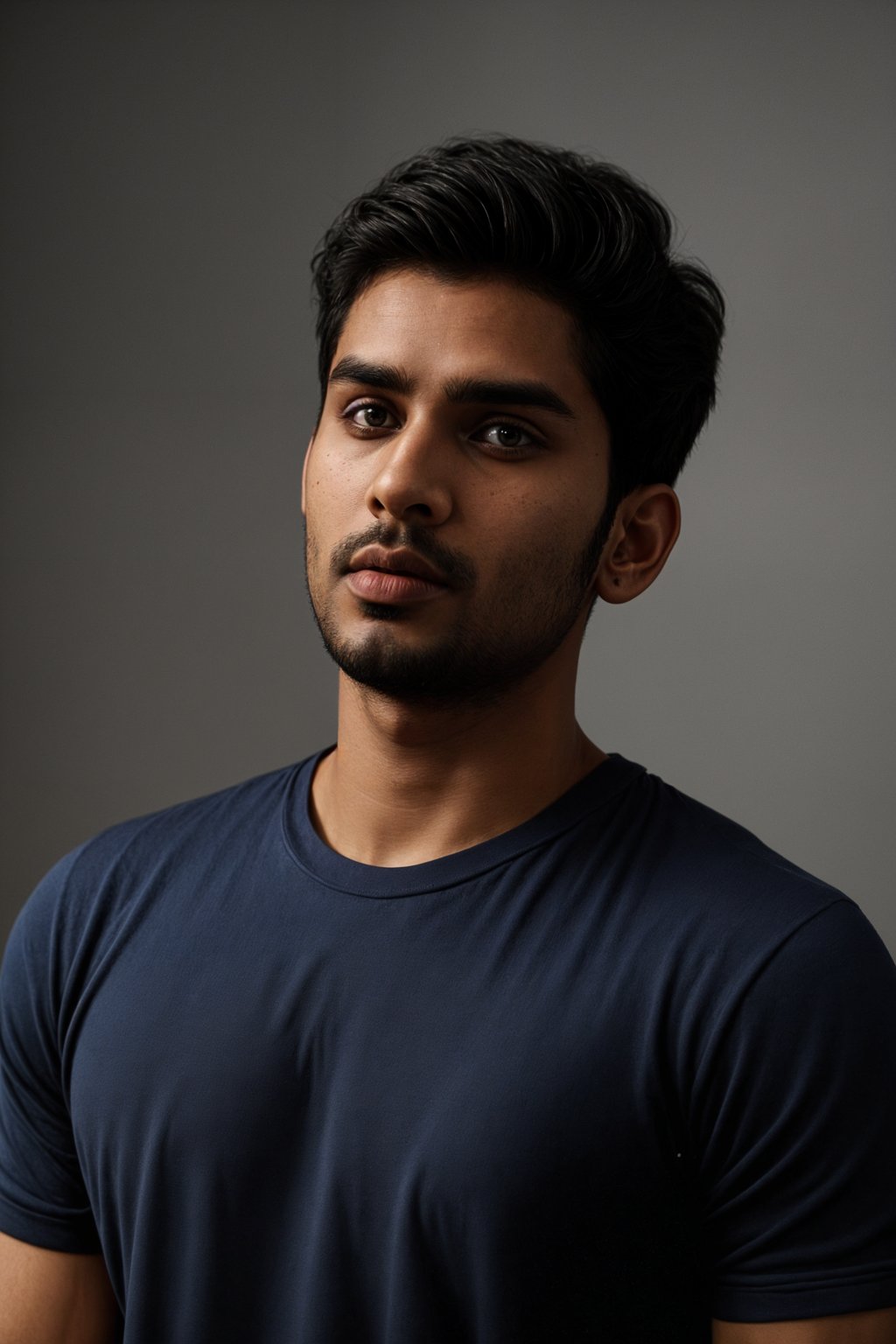 man as official passport photo for government documents. wearing a dark blue navy t-shirt. photorealistic. light gray background. entire face visible. entire head visible