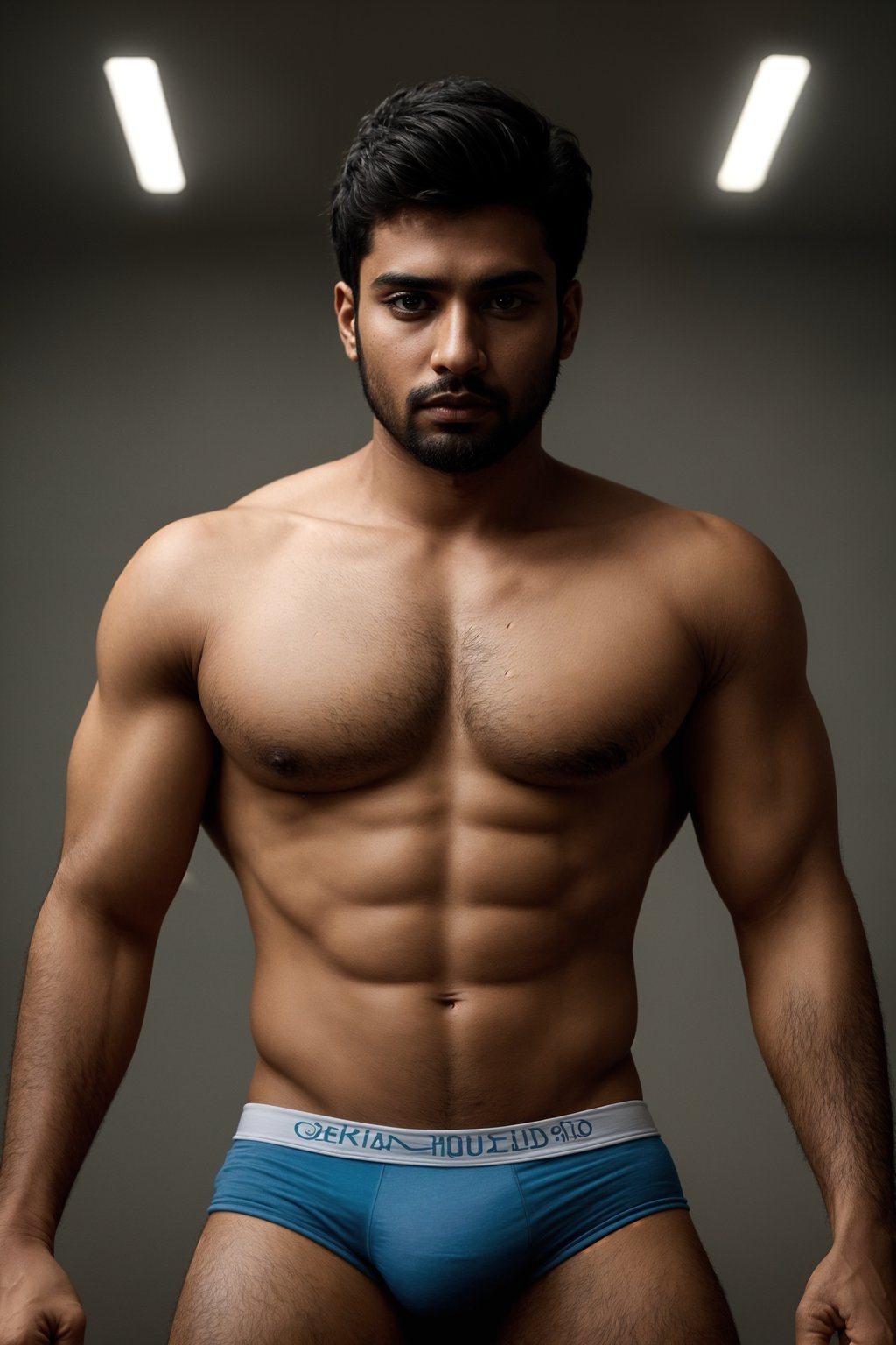 man wearing underwear  in Men's Health  centerfold photoshoot. intact eyes, symmetrical eyes, realistic skin texture. hyper realistic eyes. photorealistic