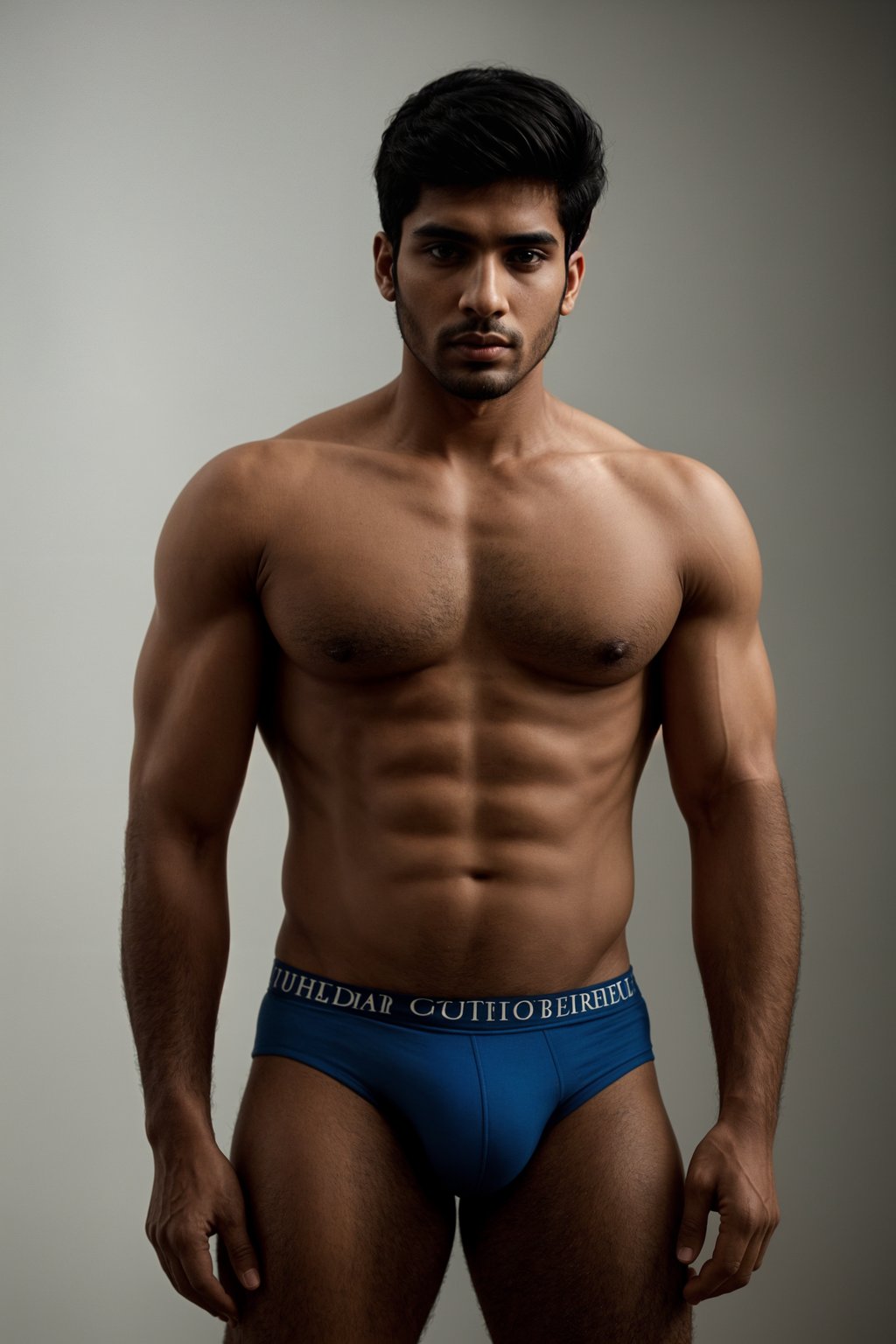 man wearing underwear  in Men's Health  centerfold photoshoot. intact eyes, symmetrical eyes, realistic skin texture. hyper realistic eyes. photorealistic