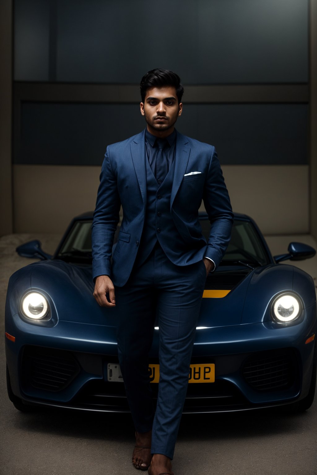 man wearing suit  posing in front of a sports car