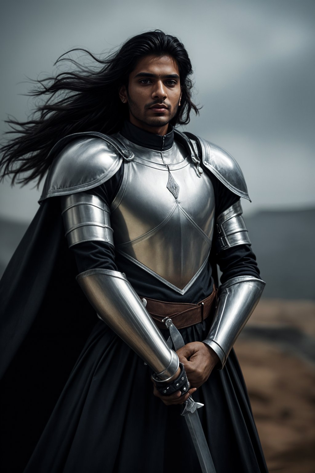happy man as a Medieval Knight in silver armor, wearing a black elegant cape flowing in the wind, the knight holds a sword in one hand