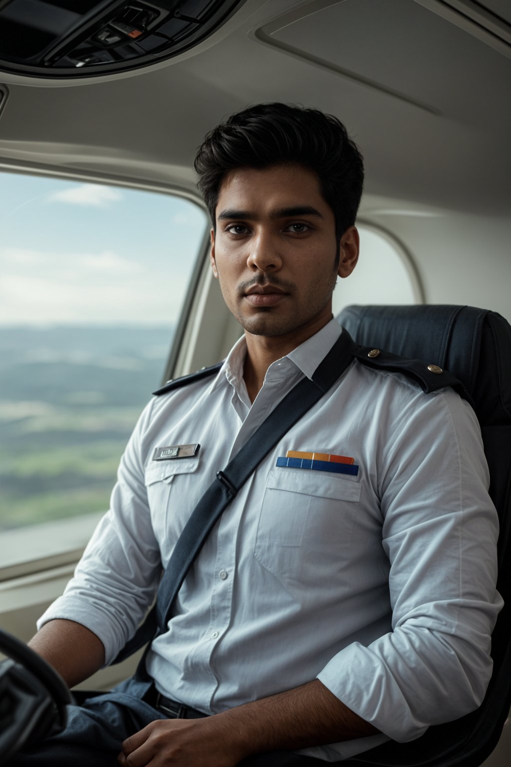 man as a Airline Pilot inside the Cockpit with white shirt Pilot Uniform