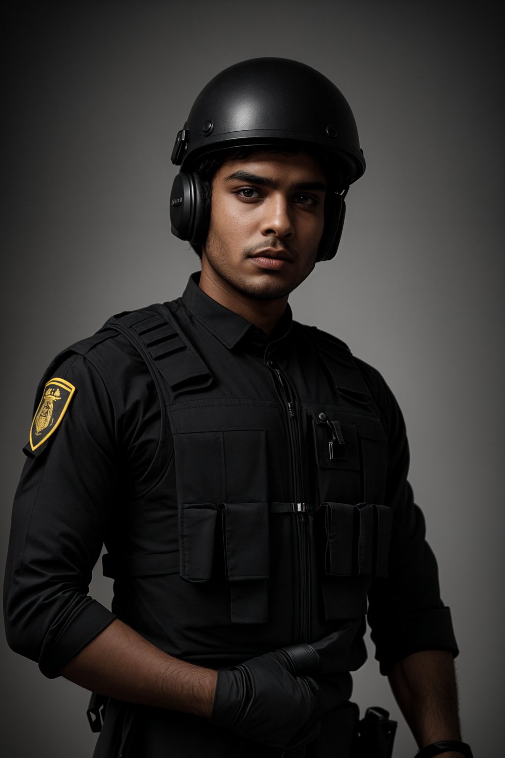 man as a SWAT Officer. wearing black swat vest, swat helmet, holding pdw