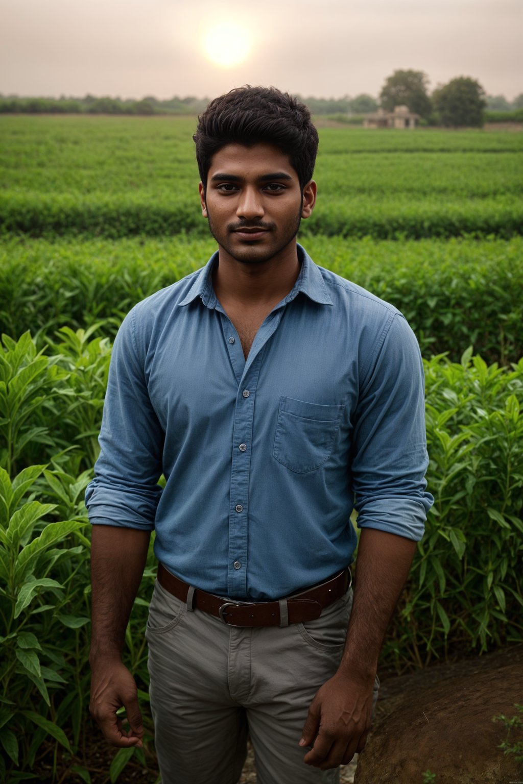 smiling man farmer with farm in background