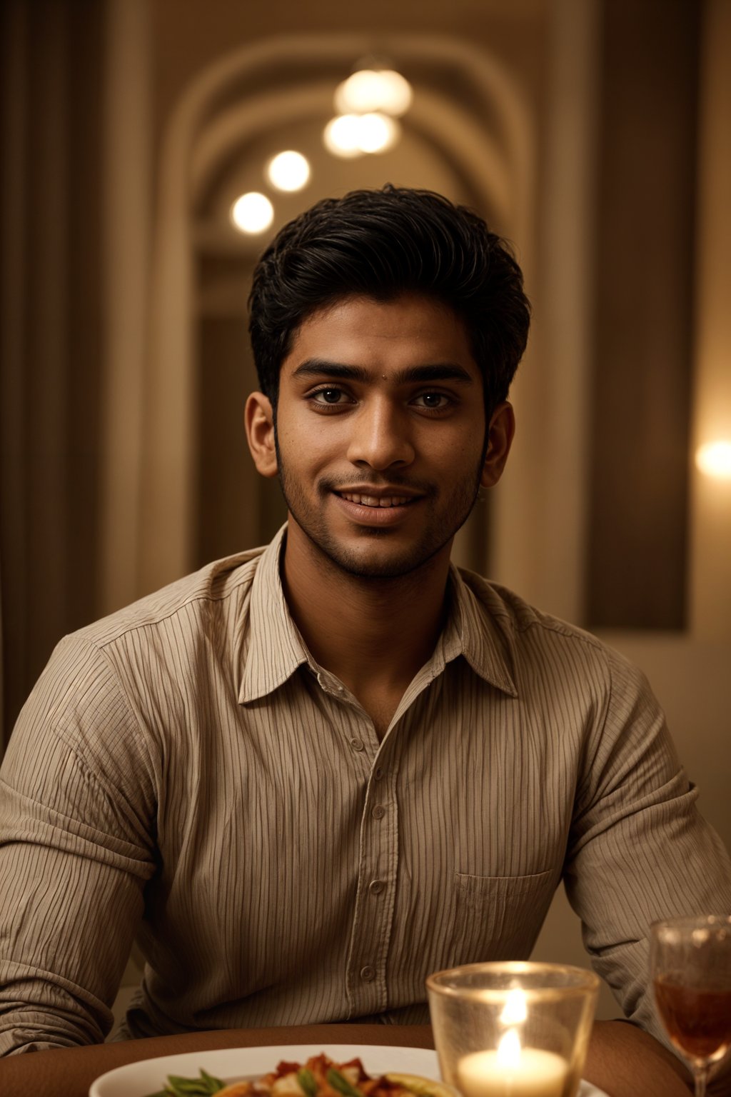 smiling man celebrating Valentine's Day with romantic dinner