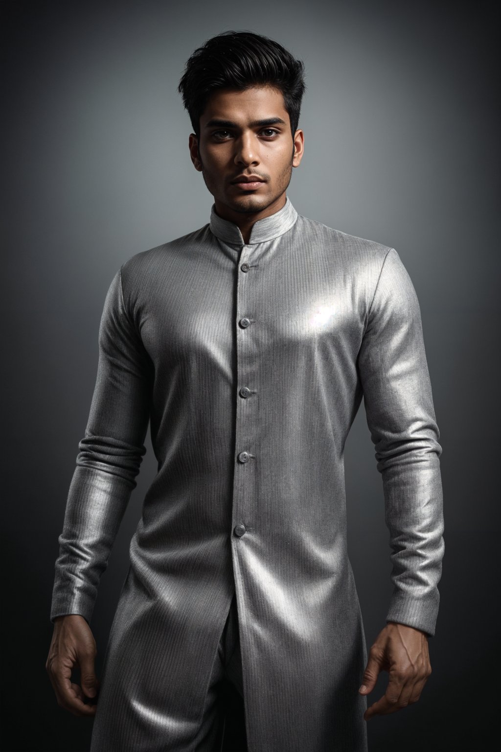 man in silver metallic style, wearing shiny metallic fashion