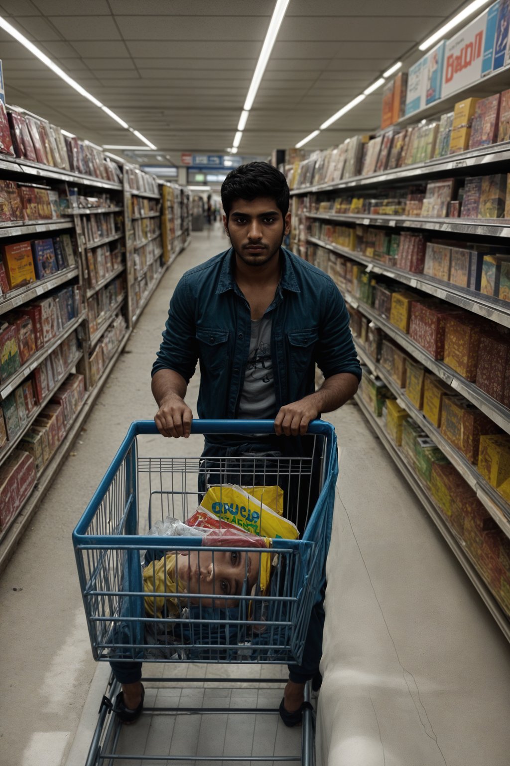 man in Supermarket walking with Shopping Cart in the Supermarket Aisle. Background of Supermarket