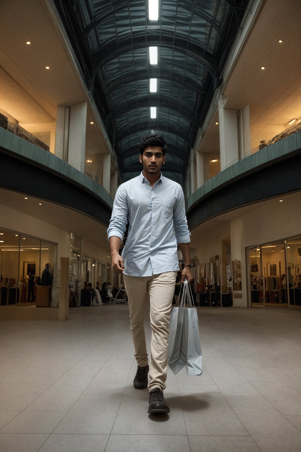 man walking in a shopping mall, holding shopping bags. shops in background