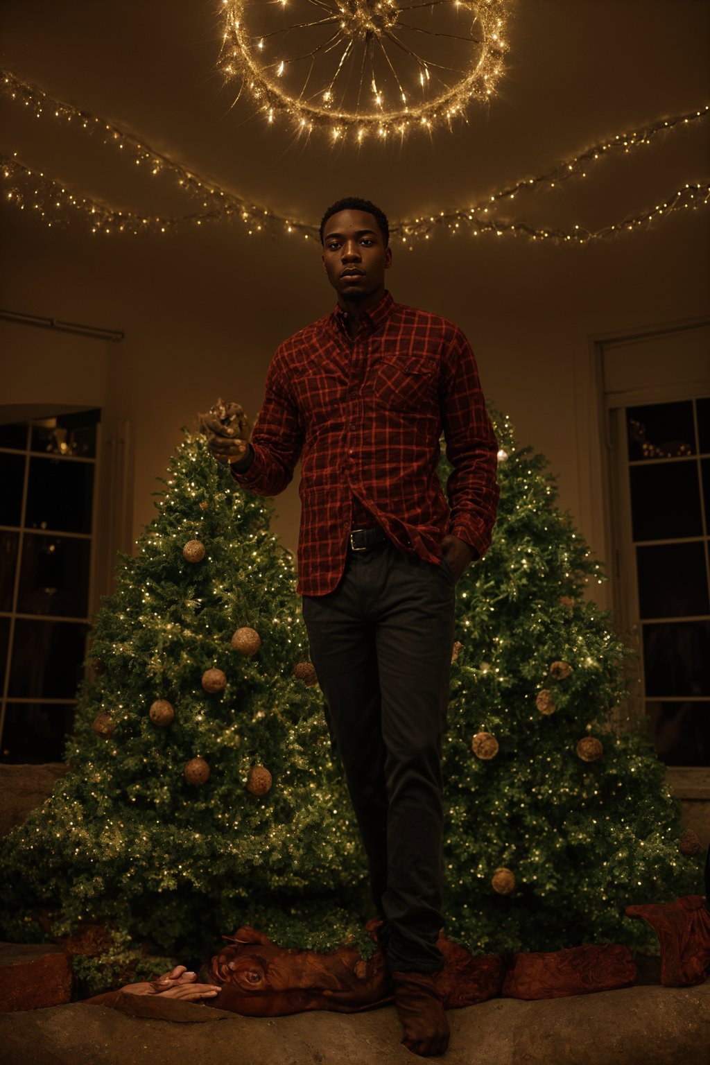 man at Christmas dinner wearing Christmas style clothes. Christmas tree in background. Christmas lights