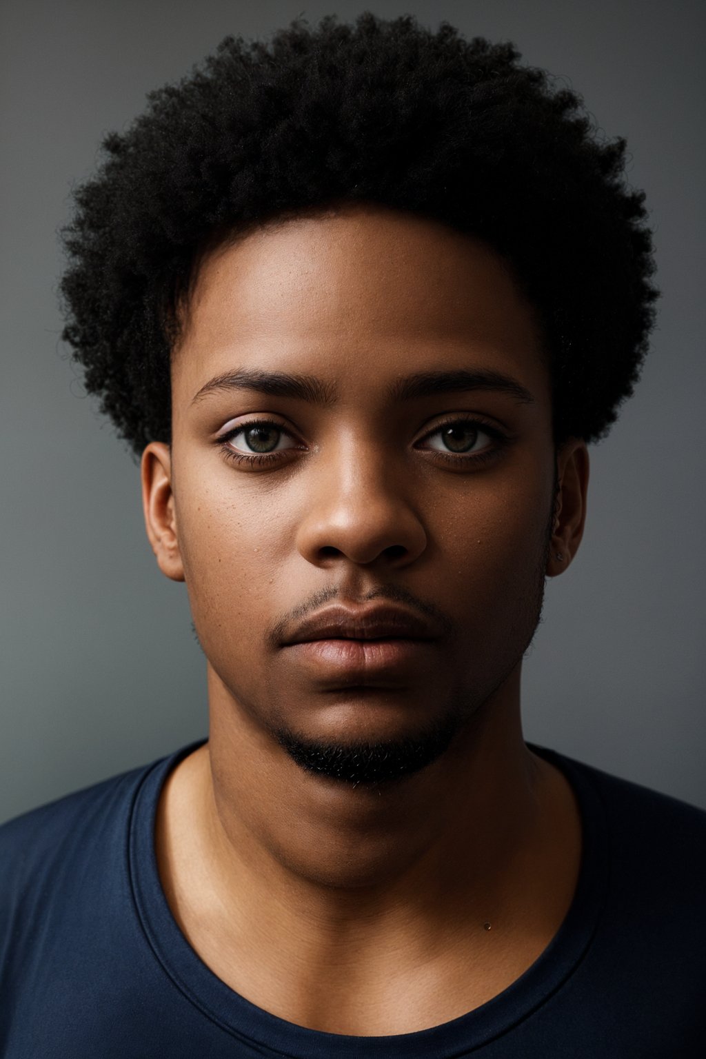 man as official passport photo for government documents. wearing a dark blue navy t-shirt. photorealistic. light gray background. entire face visible. entire head visible