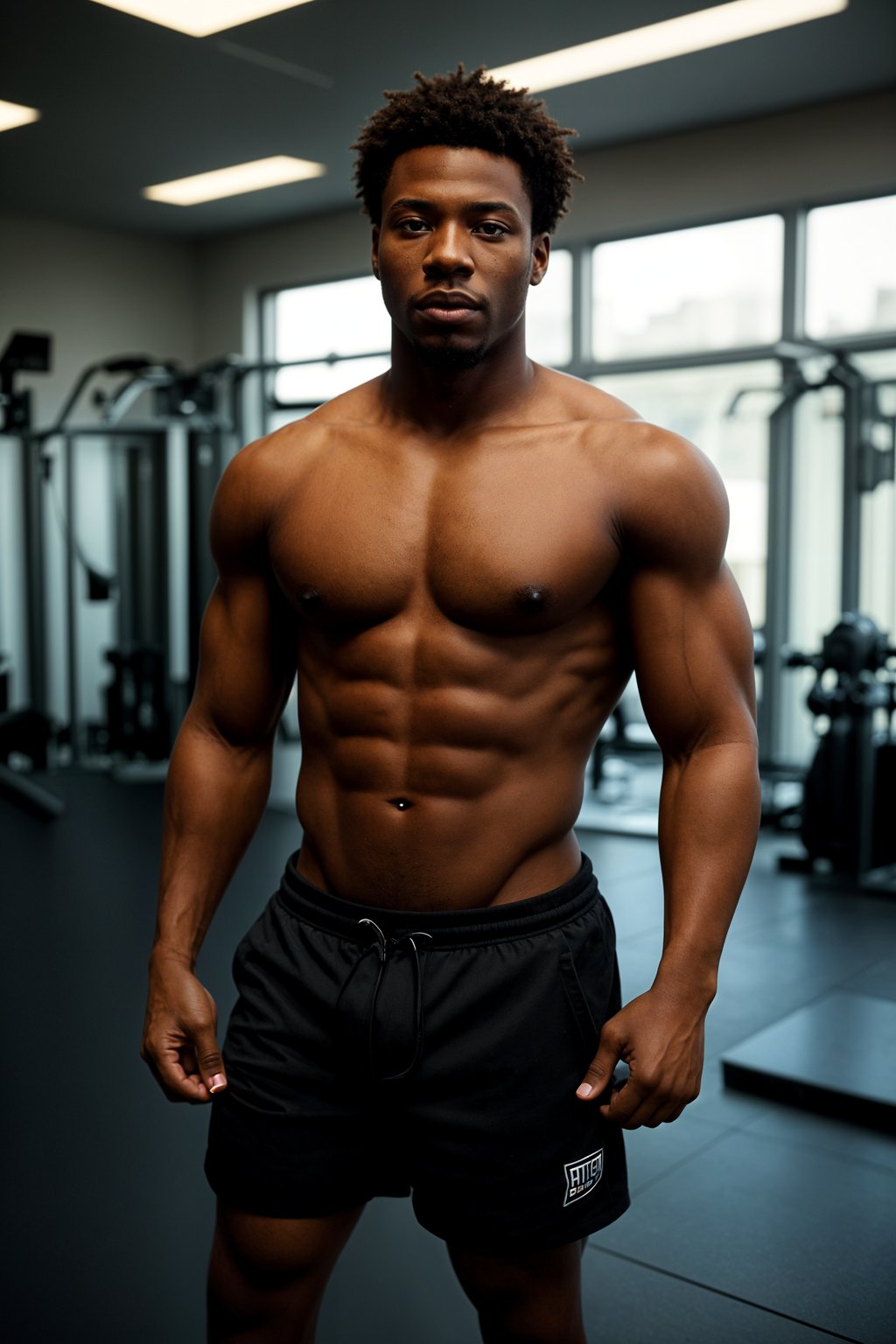 man in shorts and shirtless  in the fitness gym working out