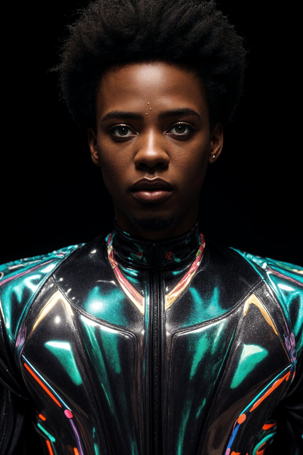 man in holographic style, wearing shiny holographic fashion