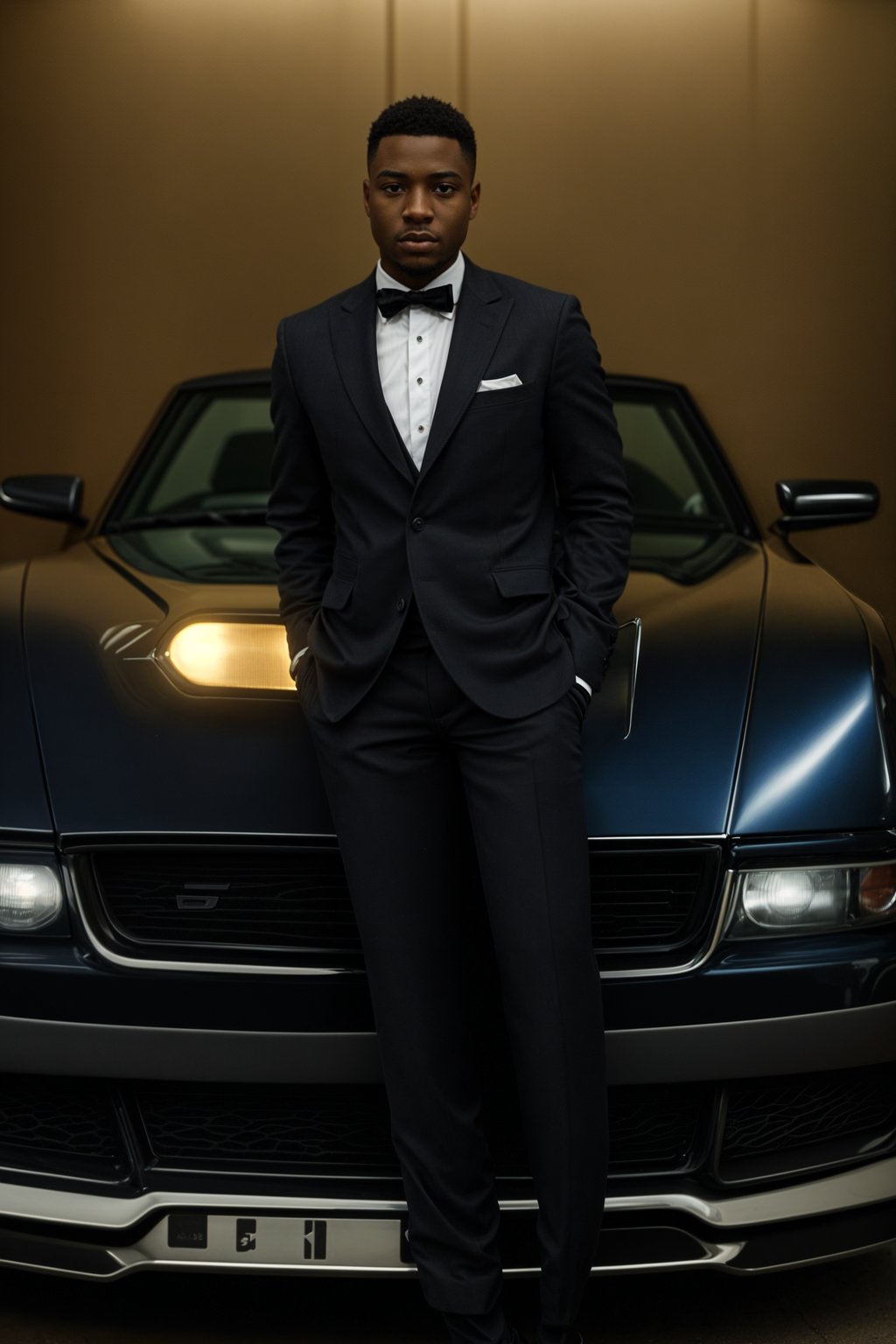 man wearing suit  posing in front of a sports car