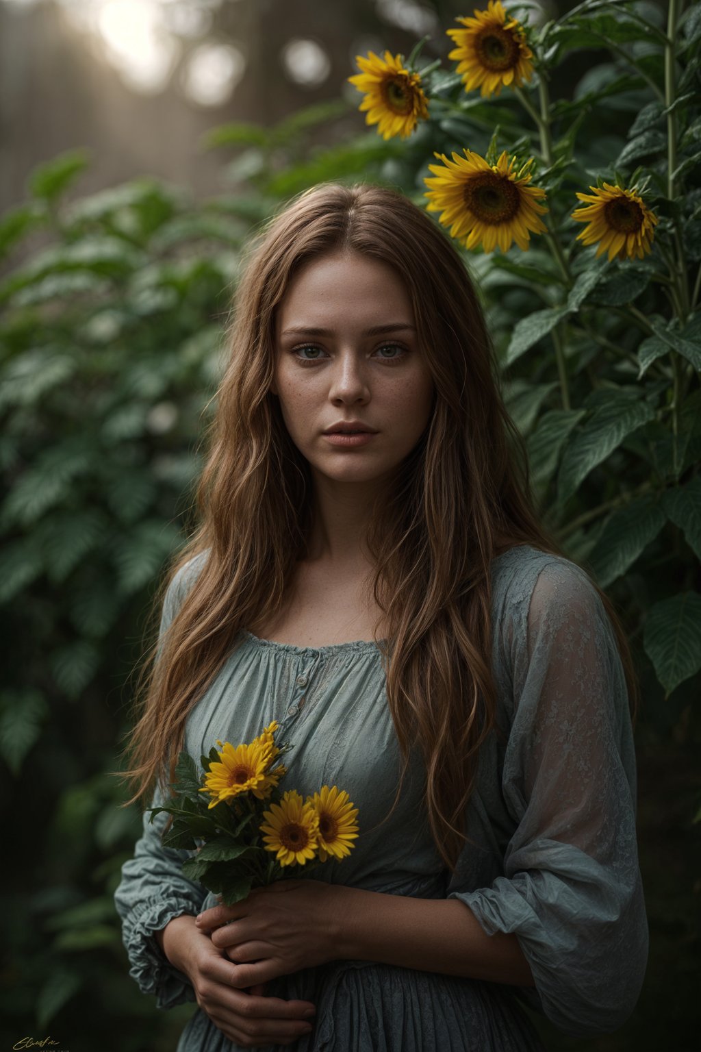 Close face shot of a woman with a sunflower in hair, summer season, moody scene,, intricate, sharp details, summer vibe, gorgeous scene by gaston bussiere, craig mullins, somber lighting, drawn by giacomo burattini, inspired by graphic novel cover art, hyperrealistic, 8 k by rhads