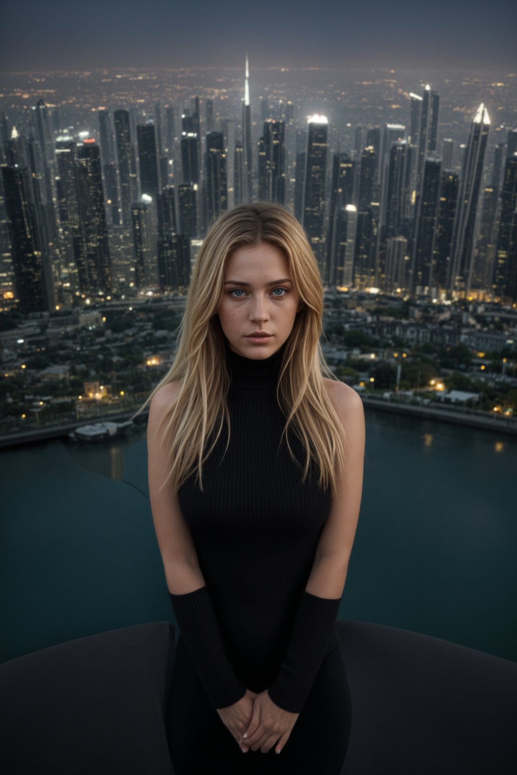 woman standing in front of city skyline viewpoint in Dubai with city skyline in background