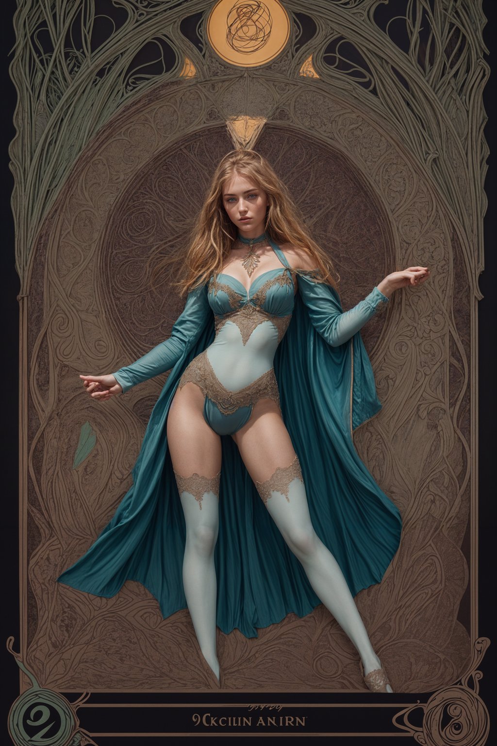 illustration of woman as Mythical Tarot Cardin the style of moebius and mohrbacher and rossdraws and ross tran and alphonse mucha and ayami kojima, pixar style, maya engine, splash comics style, tarot card style, art nouveau, rich bright colours