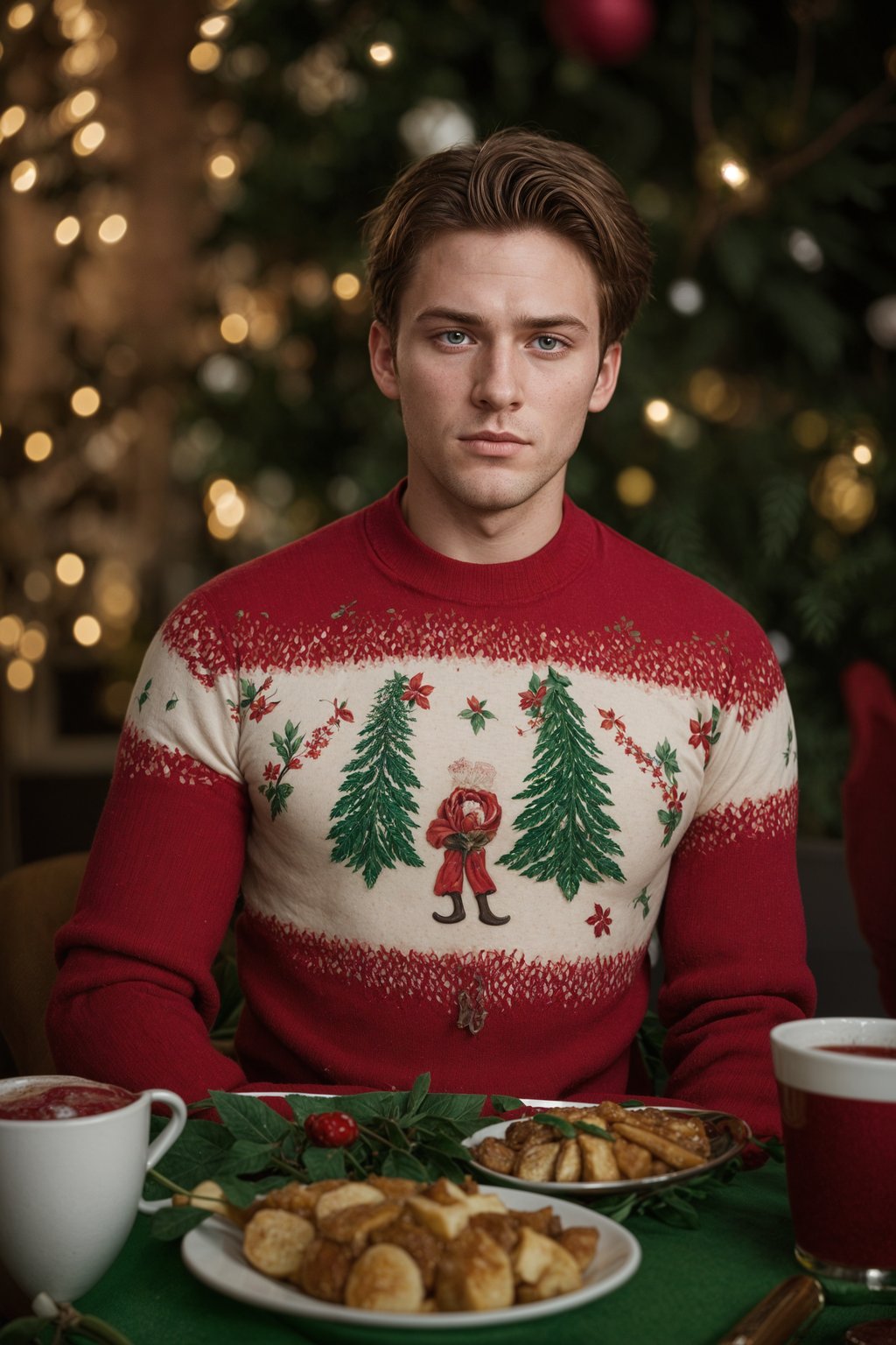 man at Christmas dinner wearing Christmas style clothes. Christmas tree in background. Christmas lights