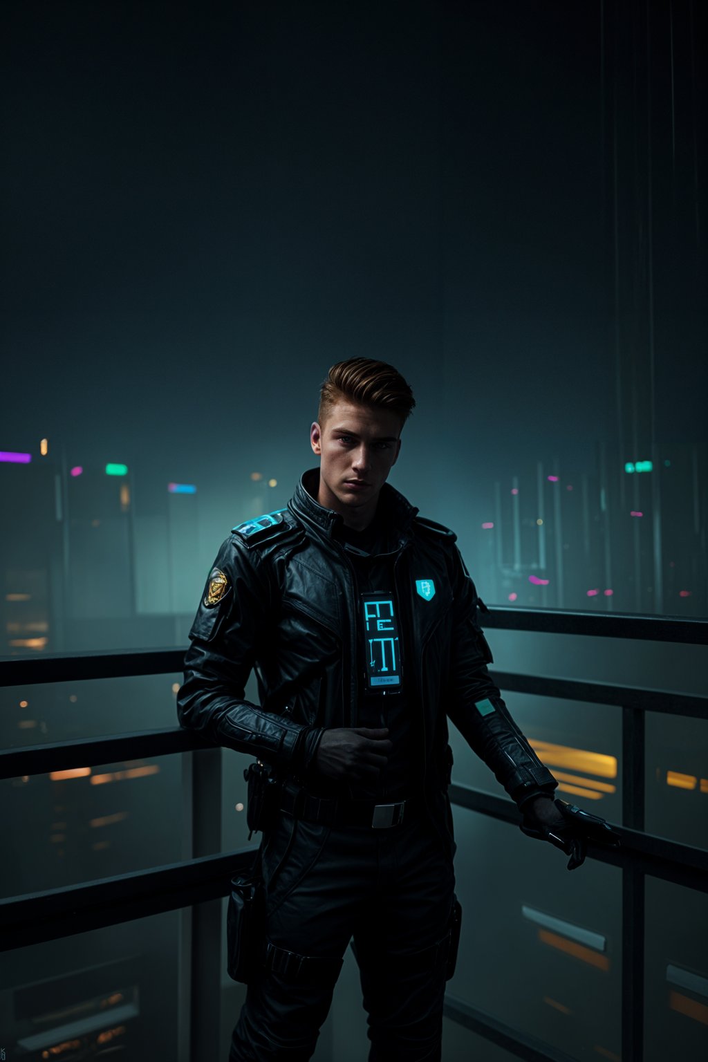 man as futuristic beautiful cyberpunk police officer, in heavy rainning futuristic tokyo rooftop cyberpunk night, ssci-fi, fantasy, intricate, very very beautiful, elegant, neon light, highly detailed, digital painting, artstation, concept art, soft light, hdri, smooth, sharp focus, illustration, art by tian zi and craig mullins and wlop and alphonse mucha