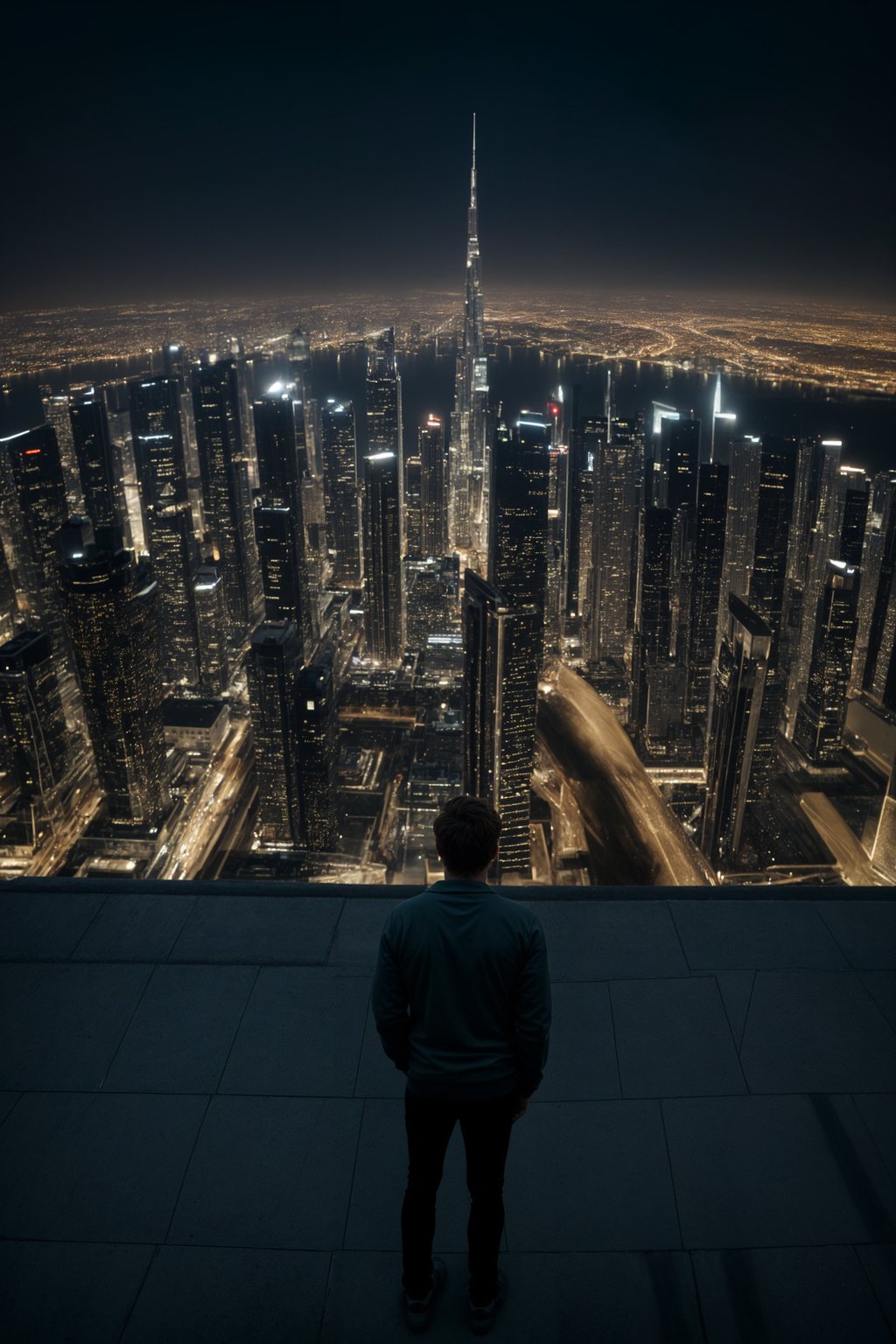 man standing in front of city skyline viewpoint in Dubai with city skyline in background