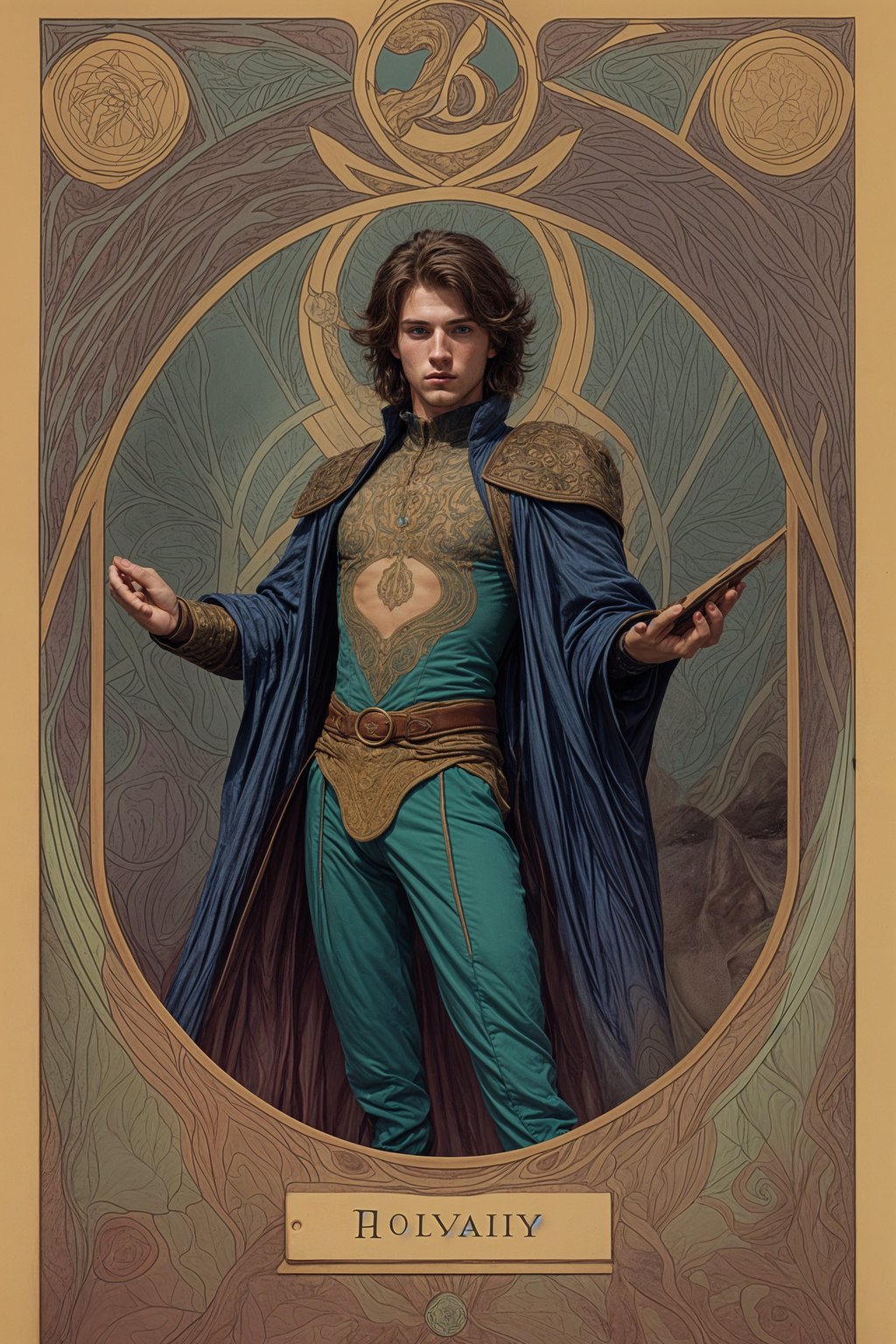 illustration of man as Mythical Tarot Cardin the style of moebius and mohrbacher and rossdraws and ross tran and alphonse mucha and ayami kojima, pixar style, maya engine, splash comics style, tarot card style, art nouveau, rich bright colours