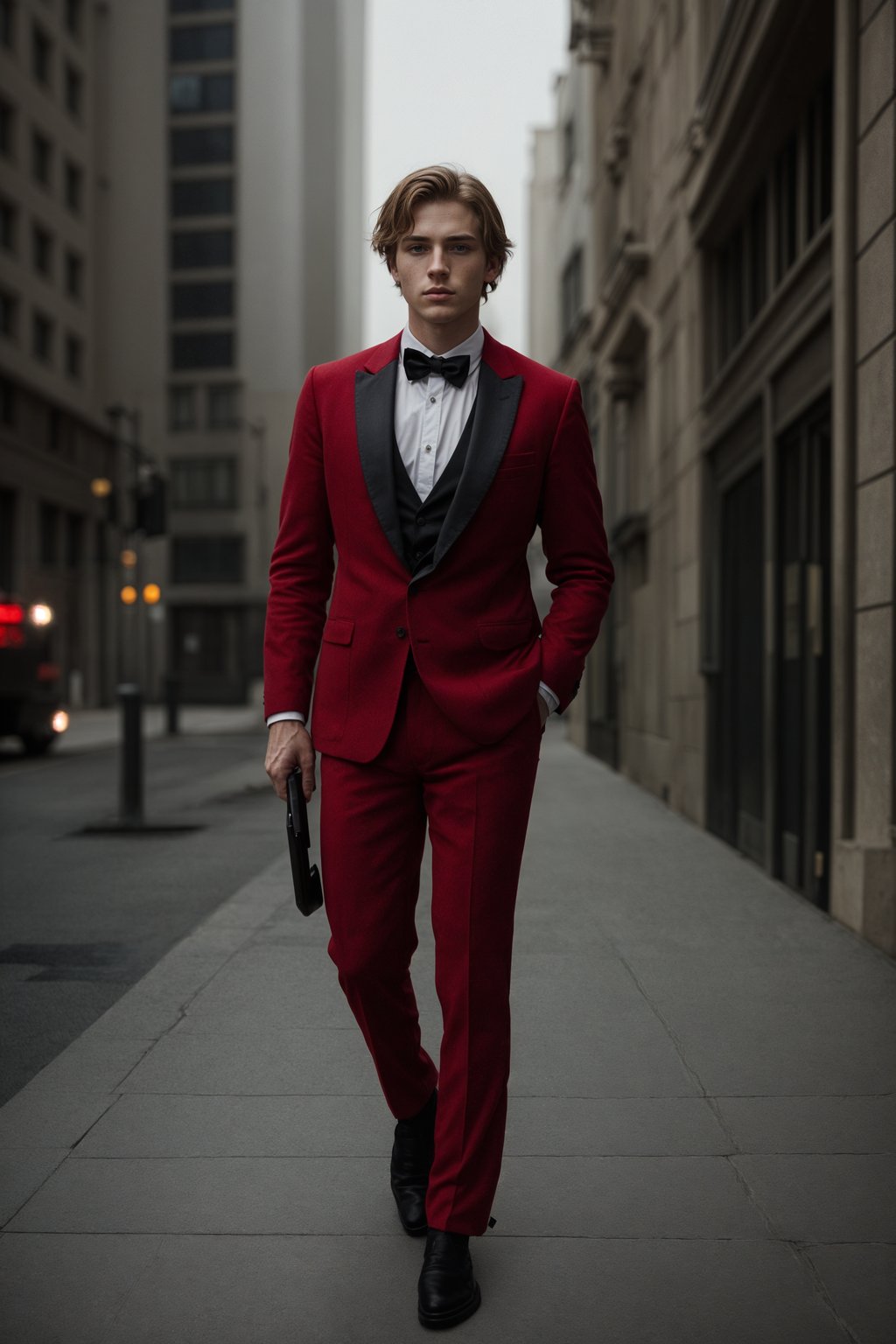 man in red tuxedo  showing cleavage walking on the curb in black shoes