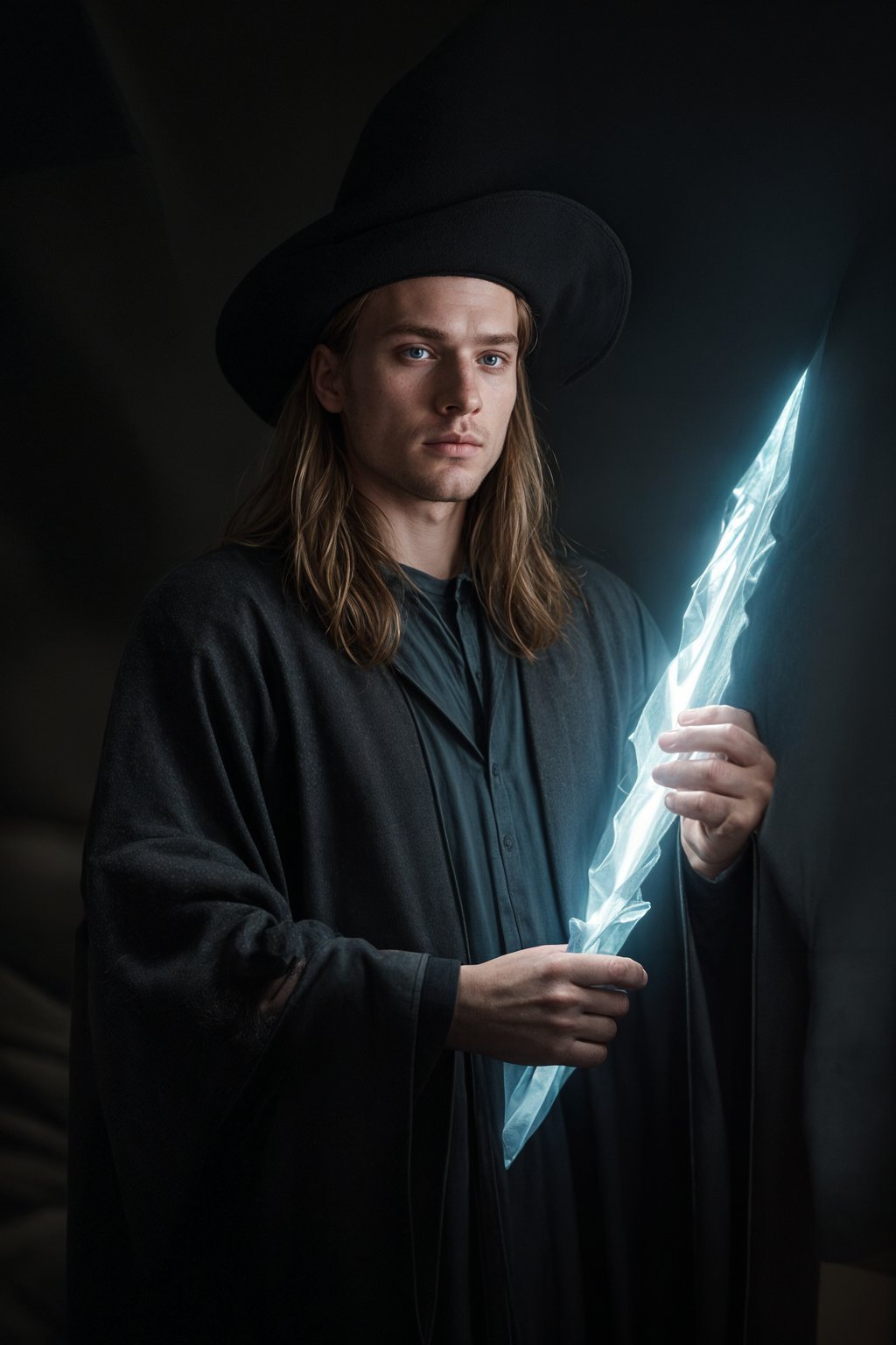 man as a Wizard with a Wizard robe and big hat, crystal magic, dramatic light