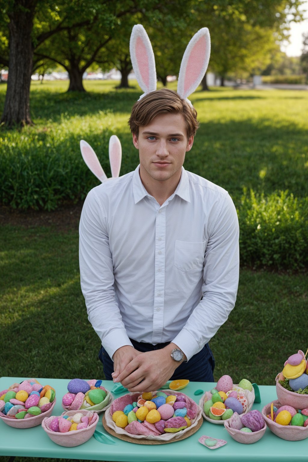 smiling man dressed up for Easter with Easter Bunny Ears at the Easter Breakfast. Easter Eggs. Easter Bunny