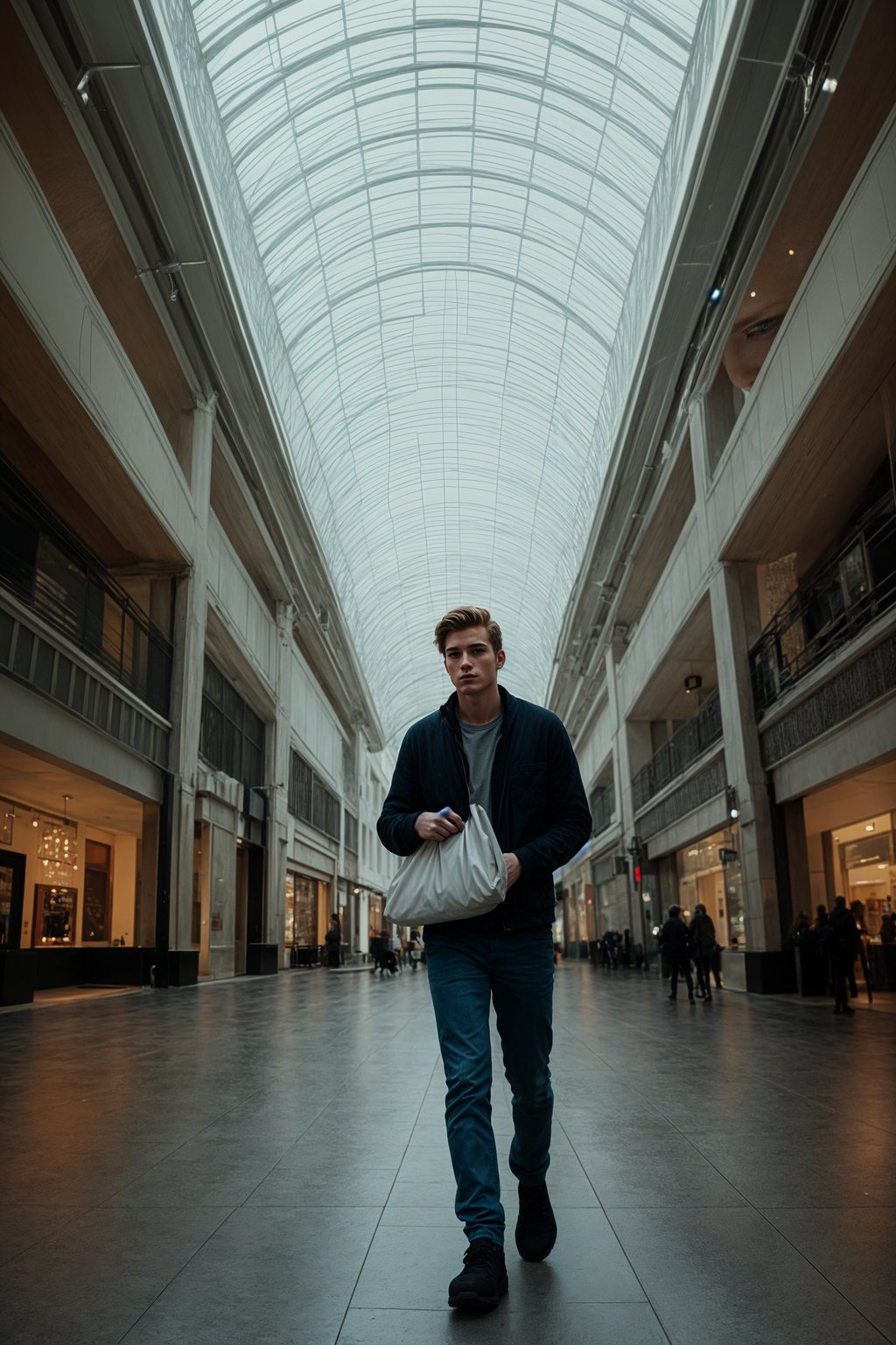 man walking in a shopping mall, holding shopping bags. shops in background