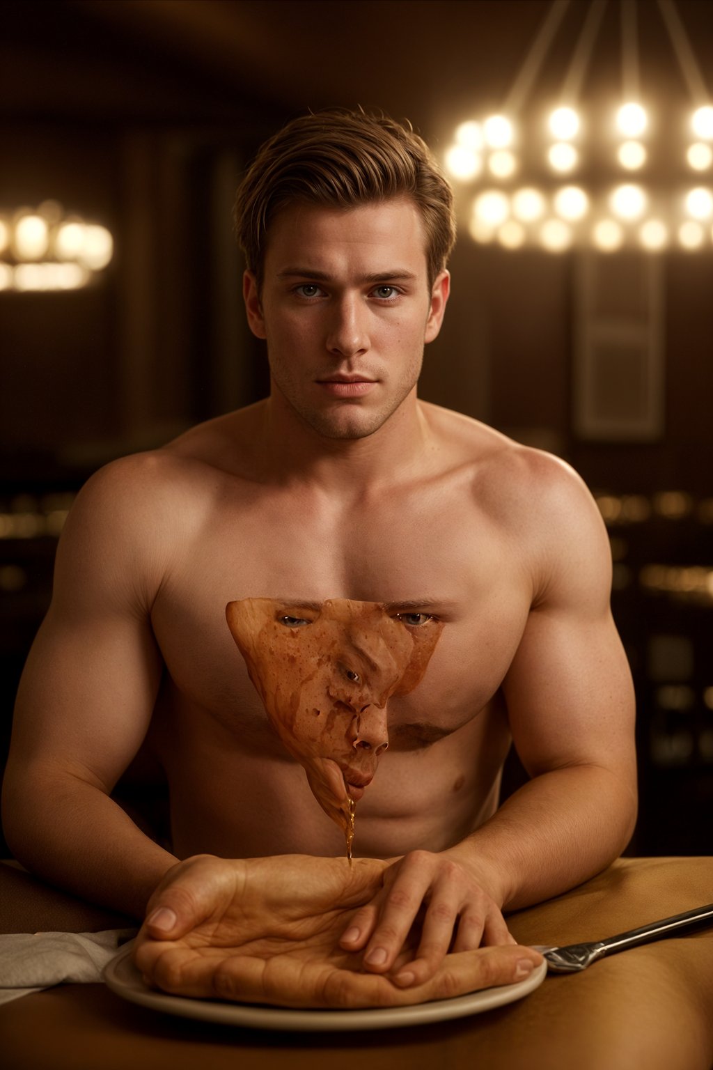 man sitting in a restaurant eating a large pizza