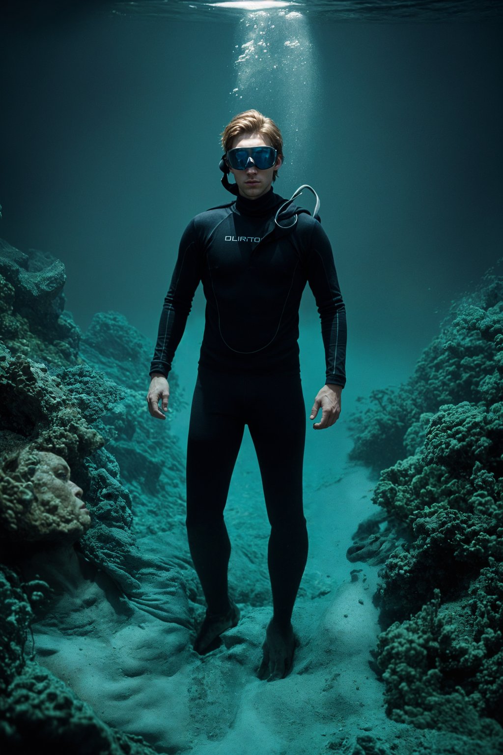 man as a scuba diver wearing diving goggles and wearing a wetsuit