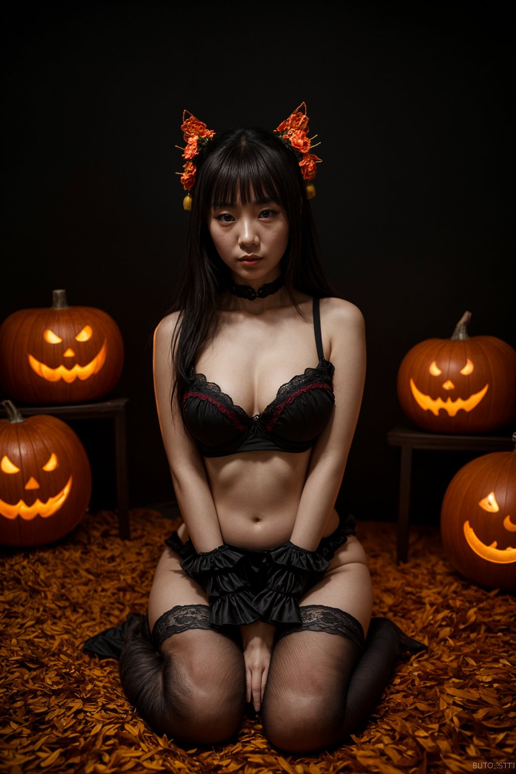 woman wearing (naughty halloween) (sexy halloween costume) (stockings) (halloween outfit), spooky outfit posing for photo, background is halloween pumpkins and spiderwebs
