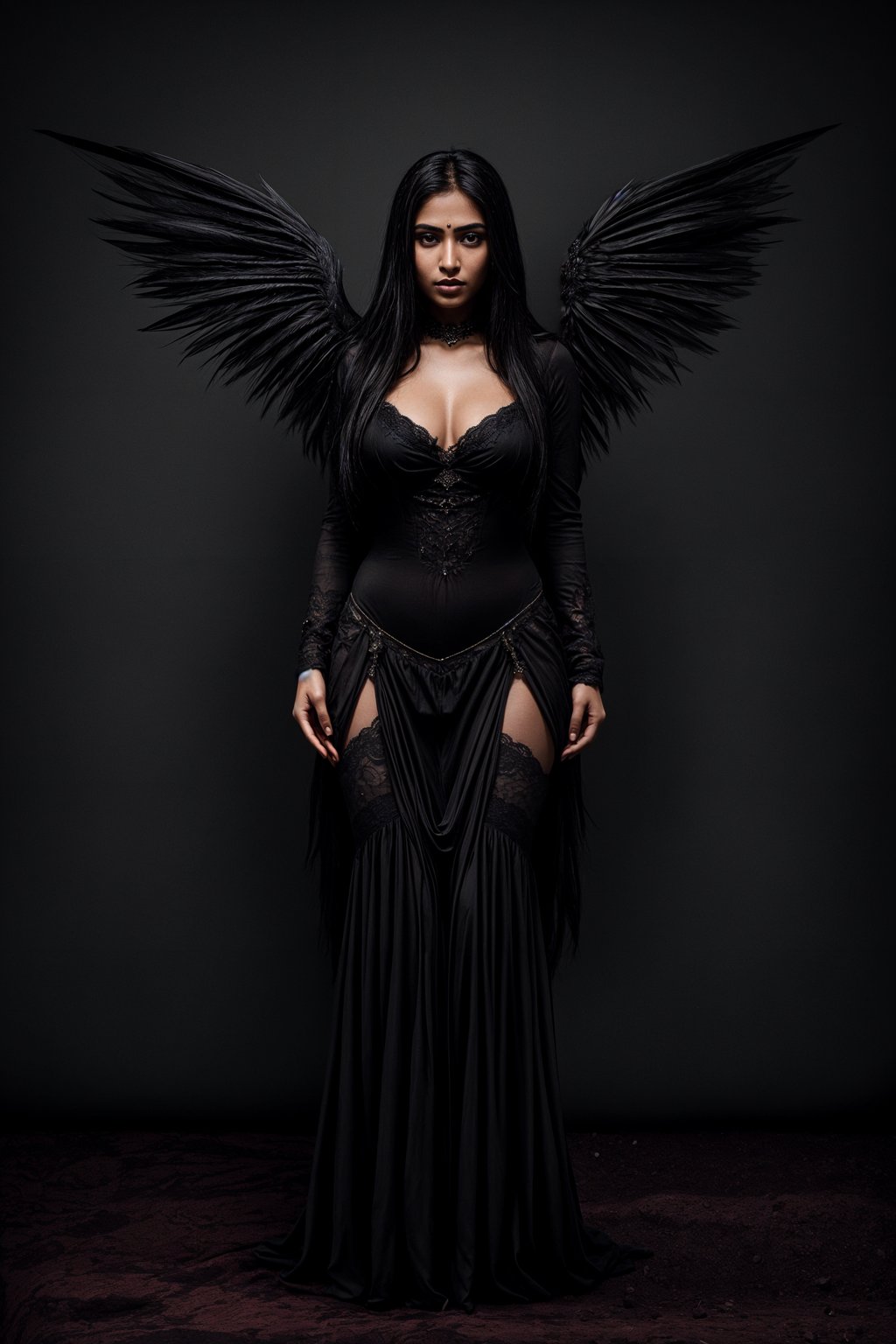 a woman dressed as an angel poses for a picture, dark angel, angel knight gothic girl, dark gothic dress, very sexy devil outfit, full body devil woman, gothic woman dressed in black and red, megan fox witch queen, raven winged female vampire, villainess has black angel wings, gothic outfit, tall female angel, gothic dress, fallen angel, winged woman angel, fishnet stockings